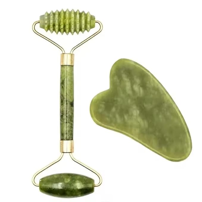 Jade Facial Massage Set,3 Piece Skin Care Tools With Roller and Massager