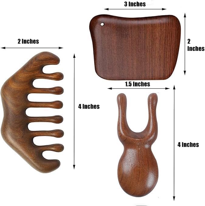 MIUPOO Wood Gua Sha Massage Set Facial Tools,Face Massager,Head Scratcher, Self Care Products,Wood Therapy Massage Tools,Relieve Muscle Tension and Lymphatic Drainage,Package 3 Pieces