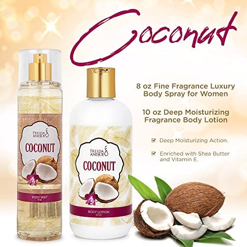 Home Spa Gift 10oz Deep Moisturizing Fragrance Body Lotion & 8 oz. Fine Fragrance Body Mist Set Luxury Self-Care Combo for Women and Girls (Coconut) Mother’s Day Gift for Mom