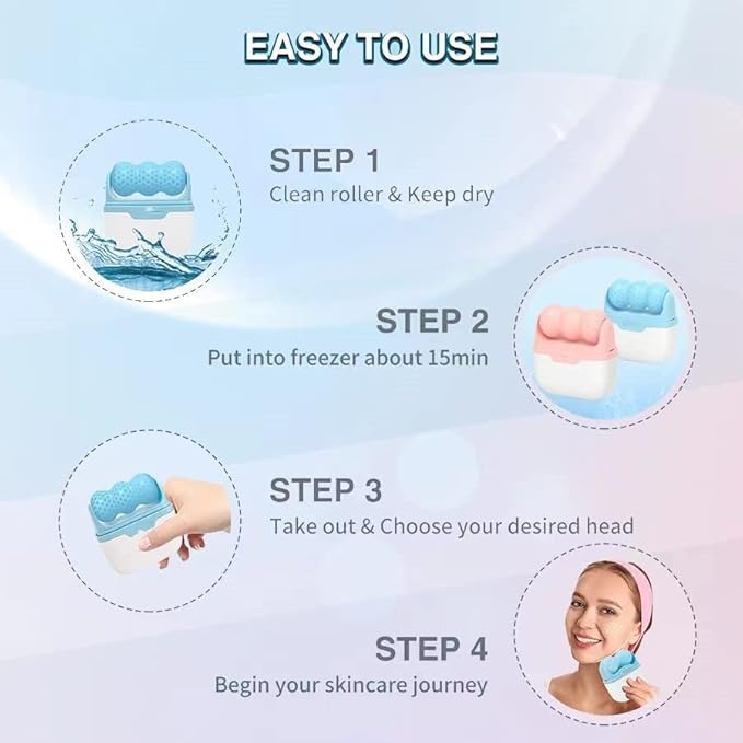2-in-1 Ice Roller for Face Skin Care Tool Personal Skin Cooling Ice Roller Therapy Tools, Cold Facial Ice Roller Massager for Eye Puffiness, Migraine, TMJ Pain Relief & Minor Injury (Blue)