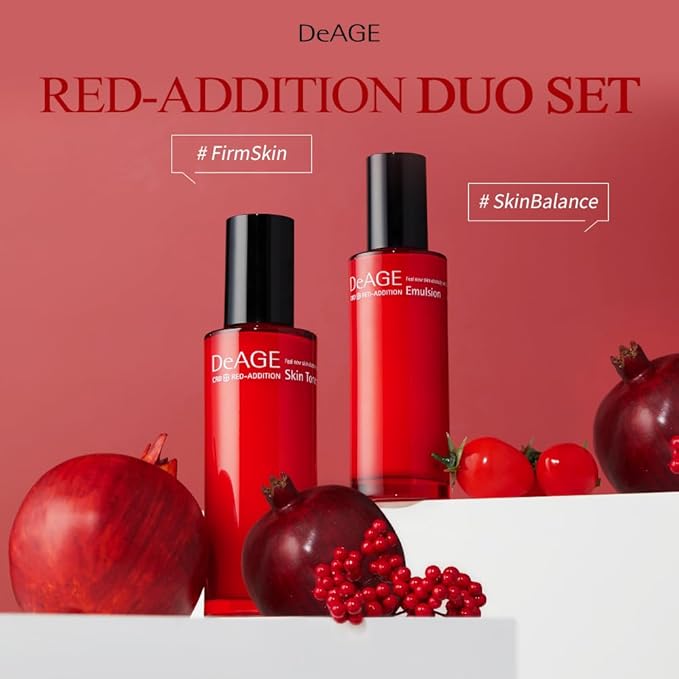 CHARMZONE DeAge Red Addition (New Version) Korean Skincare Set ā Anti-Aging Toner & Emulsion Duo (100ml / 3.38 fl.oz Each) with Red Wine, Pomegranate & Tomato for Hydration, Firming & Radiance