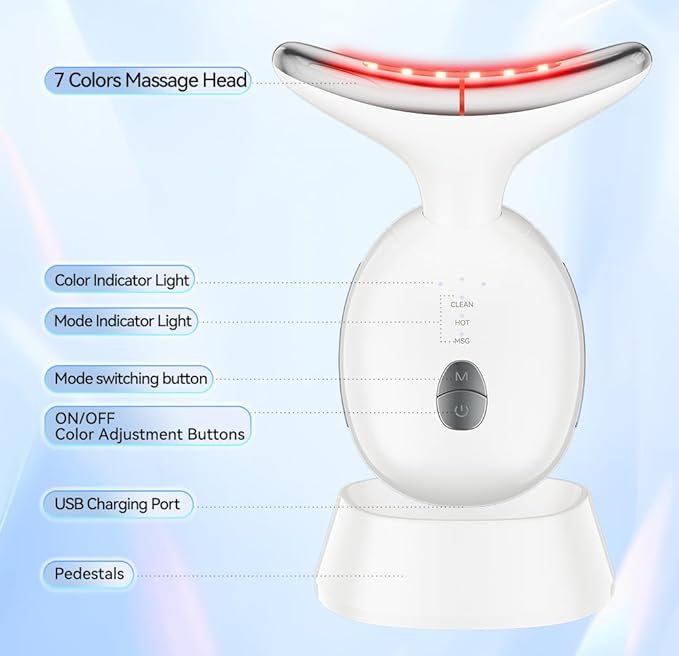 Face and Neck Massager, 7 Colors Face Sculpting Tool,Face Lift Device for Skin Care,at-Home Face Tool with Vibration and Thermal (White)