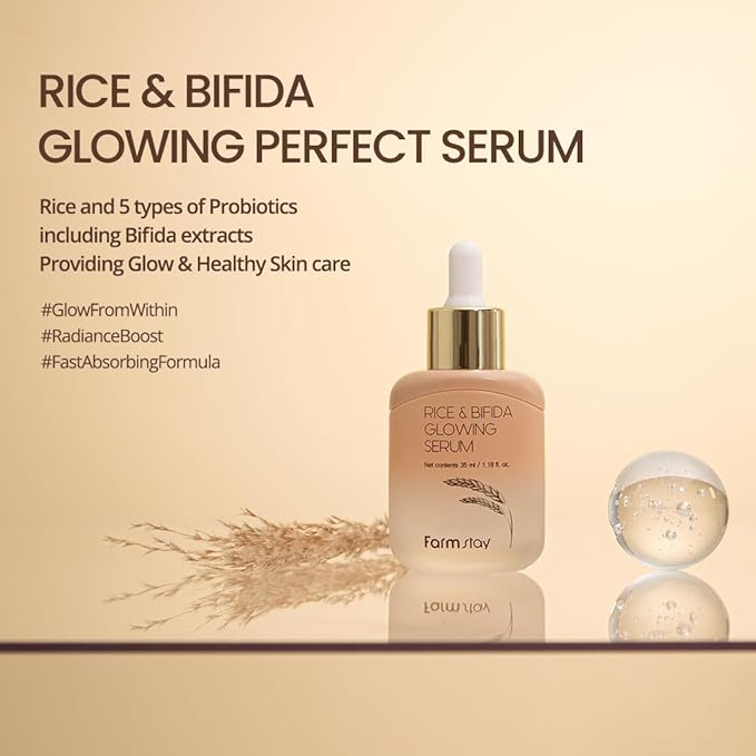 Farmstay Rice & Bifida Glowing Serum, Dark Spot Remover Correcting for face with Niacinamide, for Women & Men, Korean Skin Care, 1.18 Fl. Oz.