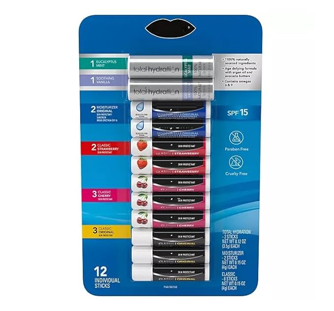 Variety Pack Original, Cherry, Strawberry, Moisturizer & Total Hydration Lip Balm - 12 count.