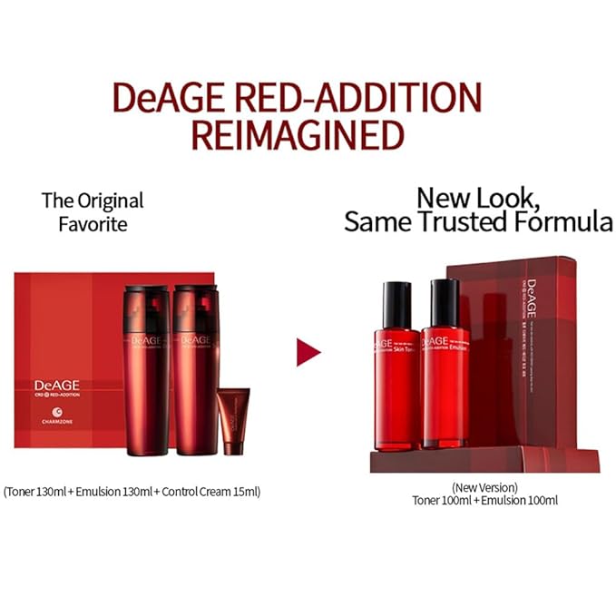 CHARMZONE DeAge Red Addition (New Version) Korean Skincare Set ā Anti-Aging Toner & Emulsion Duo (100ml / 3.38 fl.oz Each) with Red Wine, Pomegranate & Tomato for Hydration, Firming & Radiance