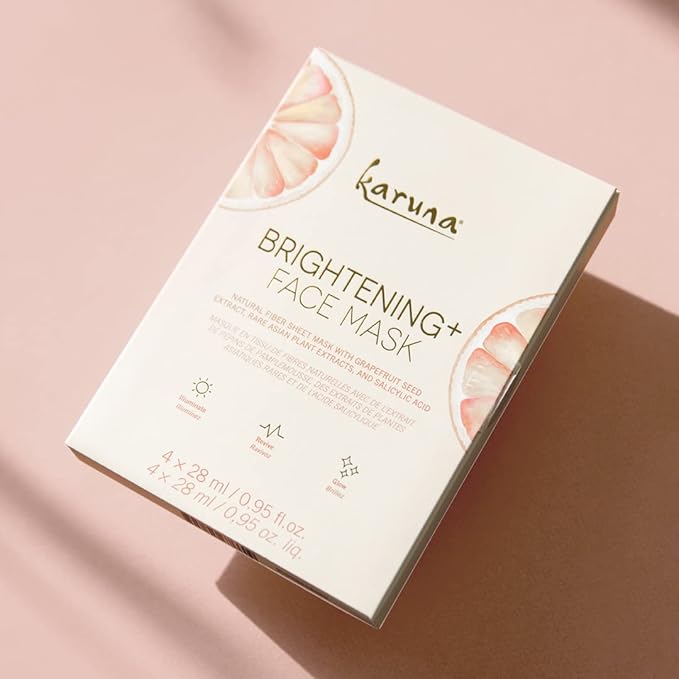 Karuna Skin - Brightening+ Sheet Masks for Radiant Skin, Hydrating Face Mask Skin Care Essential, Face Mask with Grapefruit Seed & Rare Asian Plant Extracts Plus Salicylic Acid, 4 Sheets per Pack