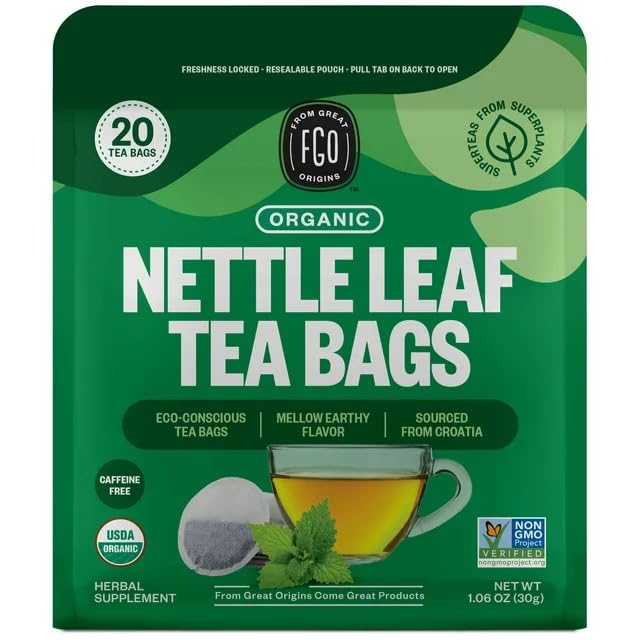FGO Organic Nettle Leaf Herbal Tea, 20 Count, Eco-Conscious Tea Bags, Caffeine Free, Resealable Bag, Packaging May Vary (Pack of 1)