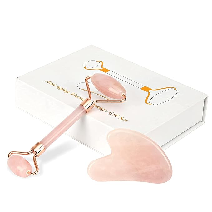 Jade Roller and Gua Sha Set - Natural Rose Quartz Face Roller- Face Massager Kit, Facial Jade Stone Roller for Skin Care, Eyes, Neck