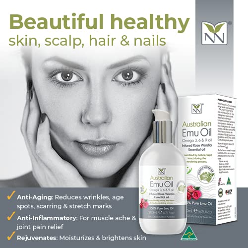 Y-Not Natural Ultra Pure Australian Emu Oil - Luxury, Hospital Grade Emu Oil 200 mL | Free Range Aboriginal Omega 3, 6 & 9 Oil Infused with Rose Wardia - The Ultimate Moisturizer for Skin, Hair, Nails, and Scalp