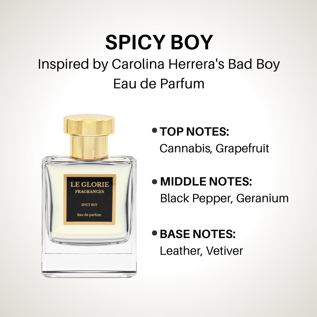 Inspired by C. Herrera's Bad Boy Eau de Parfum, Spicy Boy EDP, Long Lasting 12-14 Hours Perfume Spray for Men, All Skin Types, Cruelty Free - 0.33 oz 10ml