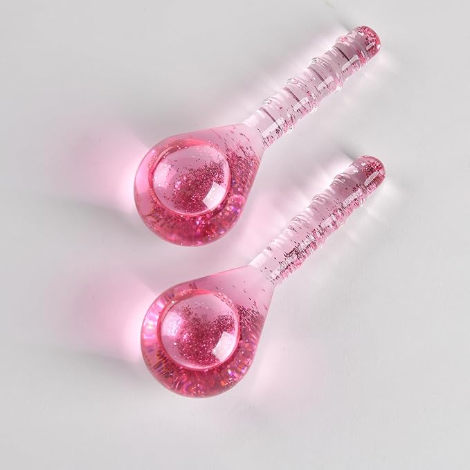 Ice Globes for Face and Eyes, Cooling Facial Facial Roller Balls, Beauty Massage Tools to Reduce Puffiness, Redness, Fine Lines, Cryo Facial Sticks for Home Spa Skincare Routine, Glitter Pink