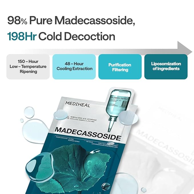 Mediheal Madecassoside Essential Sheet Mask Blemish Repair 4 pcs. 98% Purity Madecassoside & Hyaluronic Acid Included. Enhancing Moisture Barrier & Skin Texture Care. Vegan Formula Sheet Mask