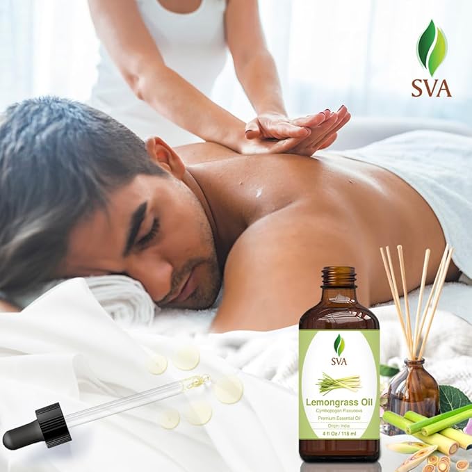 SVA Lemongrass Essential Oil – 4 Fl Oz – 100% Natural Lemongrass Oil - for Diffuser, Hair Care, Face, Skin Care, Aromatherapy, Scalp and Body Massage, Soap and Candle Making - with Dropper