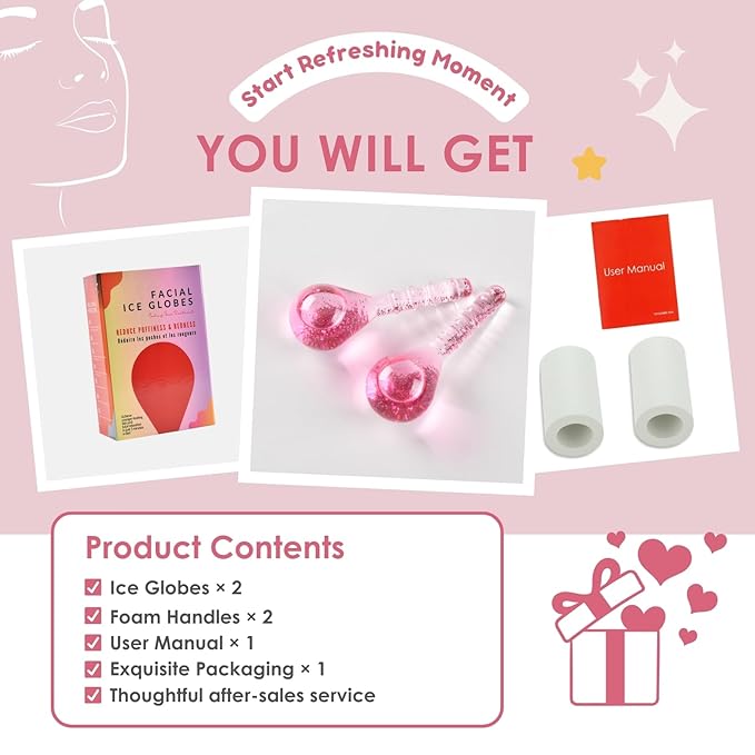 Ice Globes for Face and Eyes, Cooling Facial Facial Roller Balls, Beauty Massage Tools to Reduce Puffiness, Redness, Fine Lines, Cryo Facial Sticks for Home Spa Skincare Routine, Glitter Pink