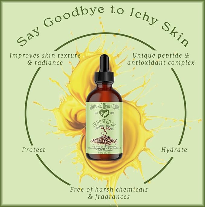 Natural Born Oils Hemp Seed Oil, 2oz, Organic, Cold-Pressed, Rich in Omega Fatty Acids, Ideal for Skin Hydration, Hair Growth
