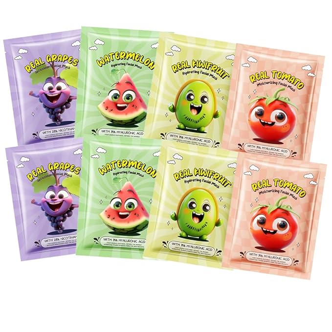 8 Pack Fruit Facial Mask Set โ Hydrating & Brightening Combo Face Masks for All Skin Types, Natural Sheet Masks Gift Set, Hypoallergenic Spa Skincare for Women/Men, Soothe Sensitive Skin (8 Pcs-Set04)