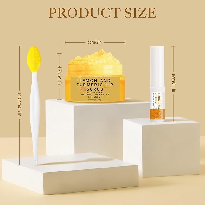 3PCS Turmeric Lip Balm and Turmeric Lemon Lip Exfoliator Scrub with Brush Set, Dark Lips Treatment for Smokers, Natural Exfoliator & Moisturizer Cracked, Dull, Reduce Fine Lines Lips