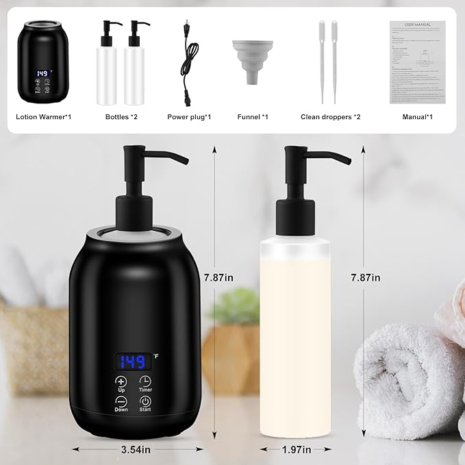 Massage Oil Heater Warmer,with ℃/℉ Switchable Display, Two Oil Dispenser Bottle,Constant Temperature,Body Oils Heater for Spa, Salon and Barber Shops,Black