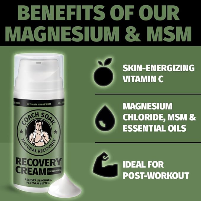Coach Soak Eucalyptus Magnesium Lotion & Magnesium Oil Spray with MSM - 8oz Topical Spray for Feet & Body and 3.4oz Natural Cream for Muscle & Joint Relaxation