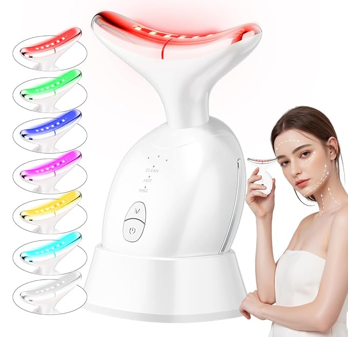 Face and Neck Massager, 7 Colors Face Sculpting Tool,Face Lift Device for Skin Care,at-Home Face Tool with Vibration and Thermal (White)
