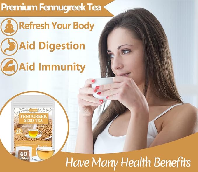 Premium 60 Fenugreek Tea Bags, Made with 100% Natural Fenugreek Methi Fenogreco Seeds, No Additives & Caffeine Free.