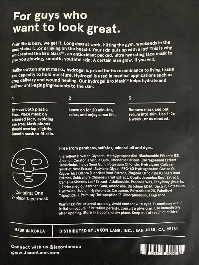 BRO MASK: Korean Face Mask for Men | 2 Pc. Hydrating Anti Aging Sheet Masks Contain Vitamin C, Vitamin E, Hyaluronic Acid, Hydrolyzed Collagen for Face Care, Acne Treatment (4 X 4 Packs)
