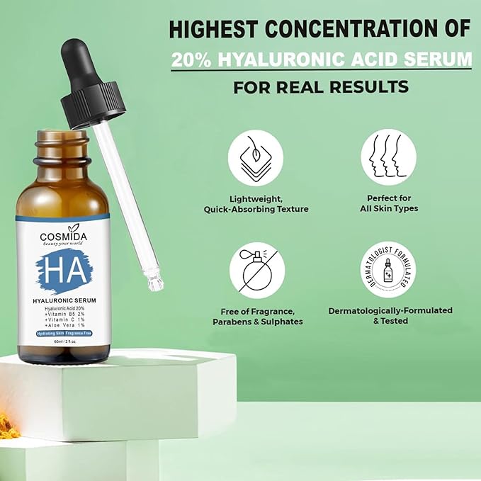 Hyaluronic Acid Serum for Face with Vitamin B5,Pure Hyaluronic Acid Anti-Aging Serum for Plump up skin with intense hydration,Best for Dry, Dehydrated and Sensitive Skin,for Men & Women 2fl.oz