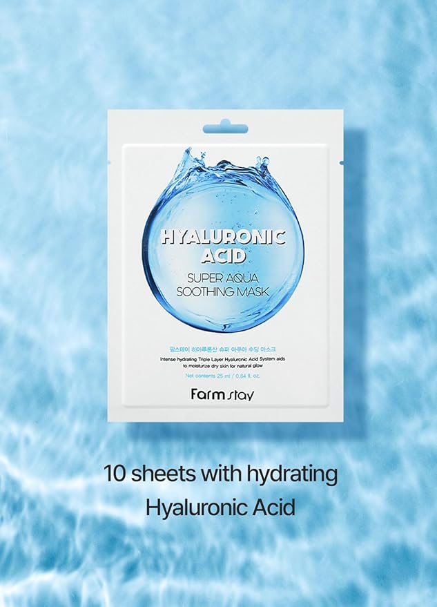 FARMSTAY Hyaluronic Acid Super Aqua Soothing Mask - Deep Hydration & Skin Calming Sheet Mask with Hyaluronic Acid - Moisturizing Care for All Skin Types, 0.84 fl.oz*10 Sheets