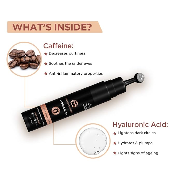 The Man Company Under Eye Gel With Cooling Massage Roller For Dark Circles, Fine Lines & Puffy Eyes with Caffeine & Hyaluronic Acid – 15gm