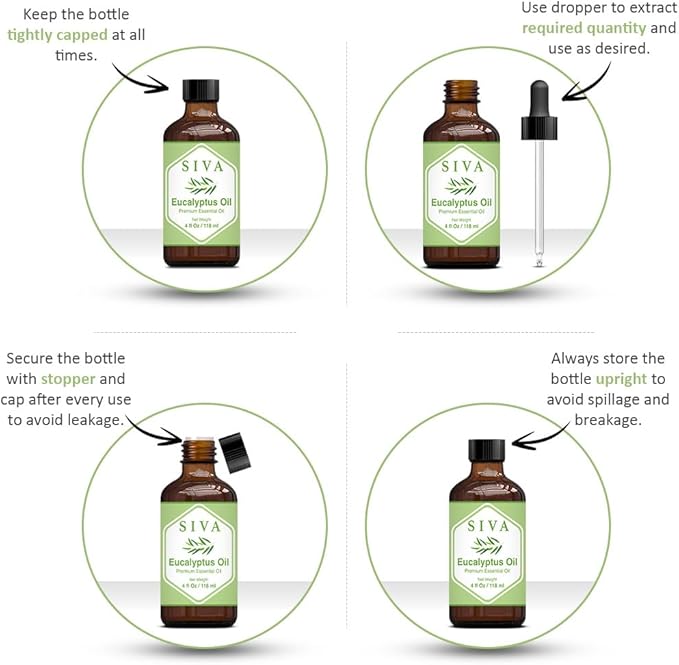 SIVA Eucalyptus Essential Oil - 4 Fl Oz – Natural Eucalyptus Oil - for Diffuser, Face, Skin Care, Aromatherapy, Hair Care, Scalp and Body Massage - with Dropper