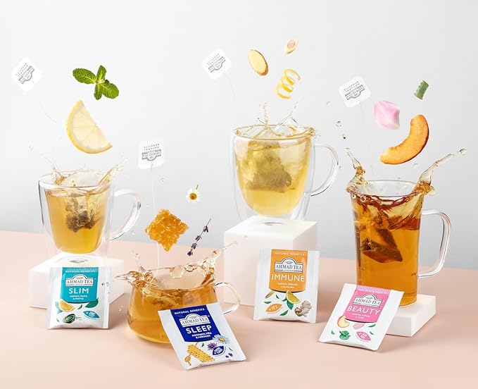 Ahmad Tea Natural Benefit Functional Tea Selection Pack | Green teas, Fruit & Herbal Infusions | Perfect herbal tea gift - 60 Teabag Sachets | 6 blends