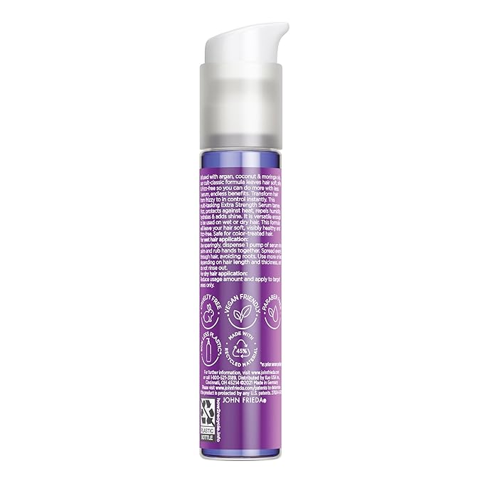John Frieda Frizz Ease Extra Strength Hair Serum, Instantly Smooths for Healthy, Hydrated, Frizz-Free Hair, for Thick and Coarse Hair, with Argan, Coconut, and Moringa Oil for Heat Protection, 1.69 Oz