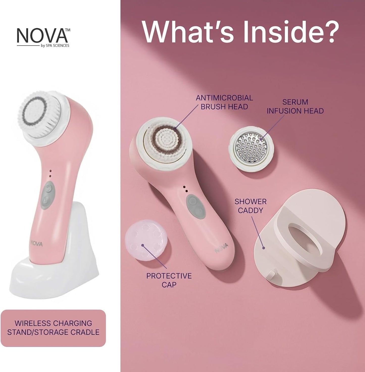 Spa Sciences - NOVA - Sonic Cleansing Brush with Bristles & Infusion System – Anti-Aging Facial Exfoliating, Waterproof, and USB Rechargeable