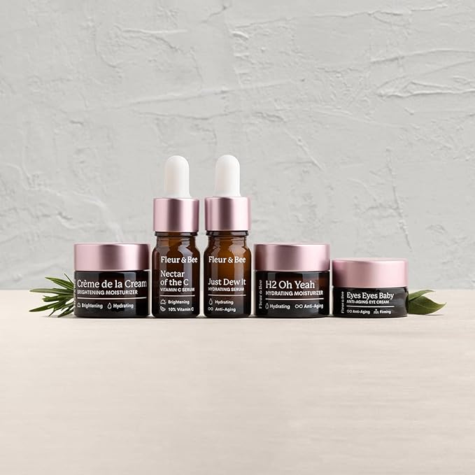 Fleur & Bee Skincare Set, Discovery Set, 5 Deluxe Minis Moisturizers, Serums, Eye Cream | Skin Care Gift Set Vegan & Cruelty-Free | Travel Friendly