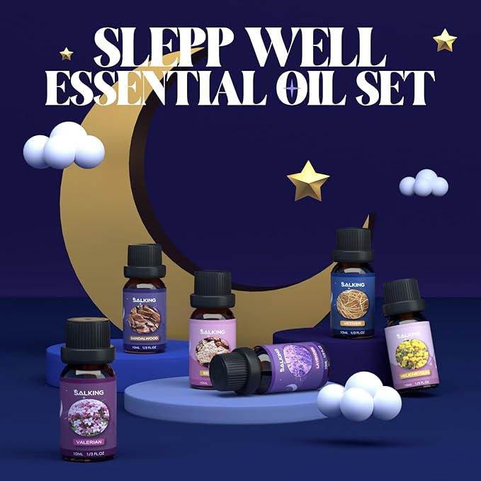 SALKING Sleep Essential Oils Set, Pure and Natural Essential Oils, Fragrance Oil Scented Oils for Oil Diffusers 6 x 10 ML - Lavender, Vetiver, Sandalwood, Valerian, Helichrysum, Benzoin…