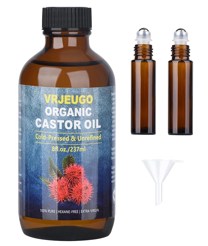 Organic Castor Oil for Face Roll On,Rollerball Castor Oil, Deep Hydration for Skin Care and Hair, Castor Oil Organic Cold Pressed Unrefined Glass Bottle 8oz with 2 Roller