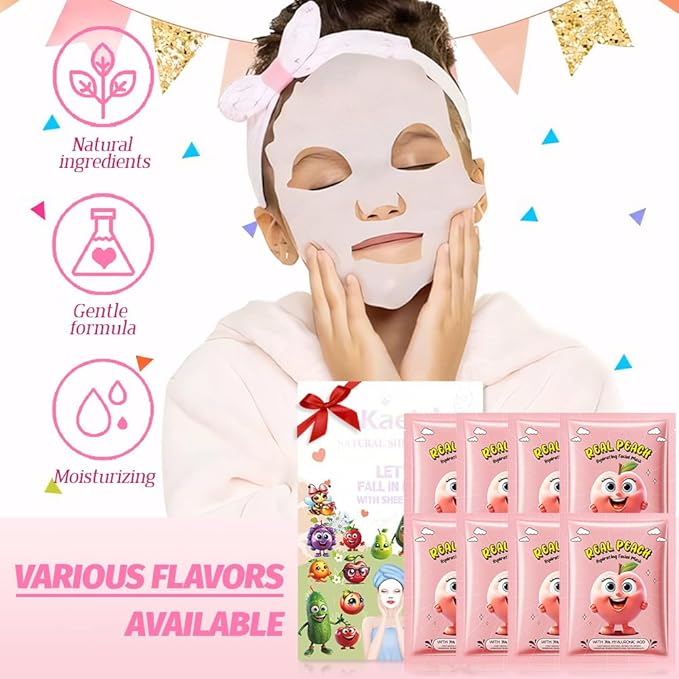 8 Pack Peach Fruit Face Masks for Kids,Hydrating Spa Face Mask For Sensitive Skin,Moisturize,Soothing,Nourish for All Skin Types,Natural Spa Face Mask for Women Men Girls