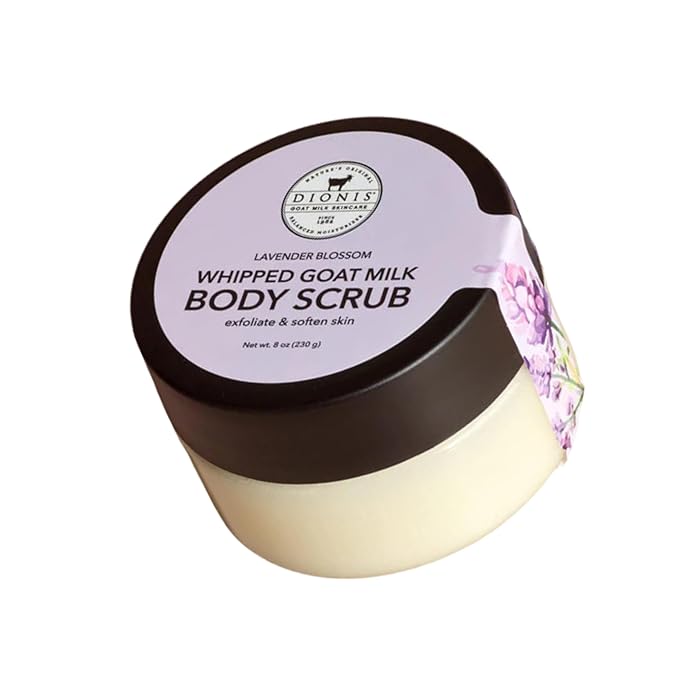 Dionis Goat Milk Lavender Blossom 6 Pc Self-Care Travel Set + 8oz Whipped Body Scrub – Hydrating Exfoliation & Moisture Kit for Smooth, Soft Skin – Cruelty-Free, Paraben-Free, Made in the USA