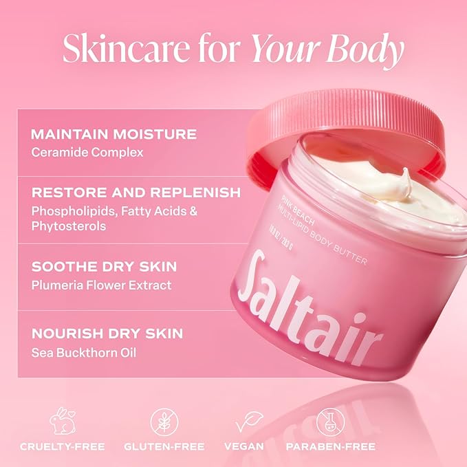 Saltair Pink Beach Body Mist 2 Pack, Body Oil, After Shower and Bath Oil Moisturizer, & Multi-Lipid Body Butter Bundle