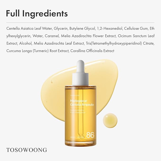 Madagascar Centella 86% Ampoule with 860,048ppm Centella Asiatica, Soothing, Calming, Facial Serum for face, for All Skin Types, Korean Skin Care, 100ml, 3.38fl.oz.