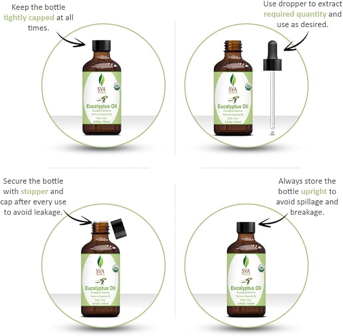 SVA Eucalyptus Essential Oil Organic – 4 Fl Oz – 100% Natural Organic Eucalyptus Oil - for Diffuser, Hair, Face, Skin Care, Aromatherapy, Scalp and Body Massage, Soap and Candle Making - with Dropper