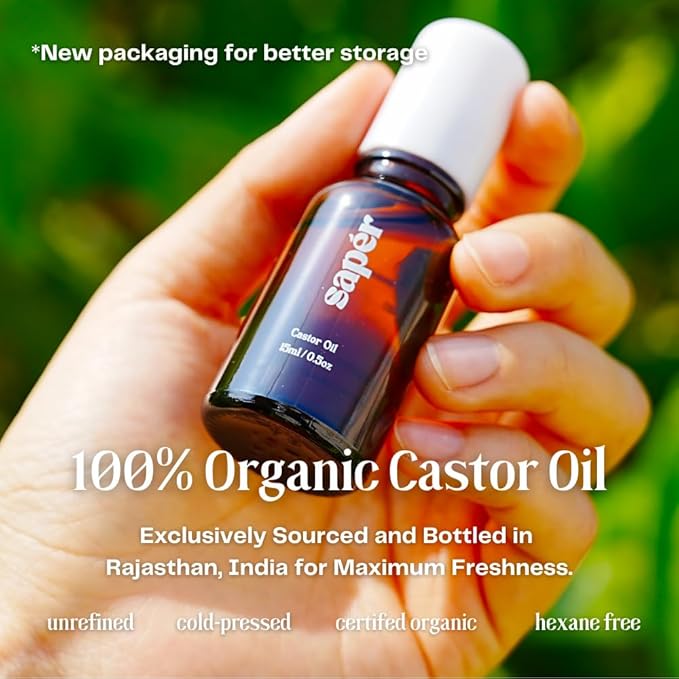 Castor Oil Roller Glass Bottle for Eyebrow, Eyelashes, Skin, Lips - Certified Organic 100% Pure Castor Oil, Cold Pressed, Hexane Free, Unrefined - Vegan, Mess Free Roll On Application, Single-Origin