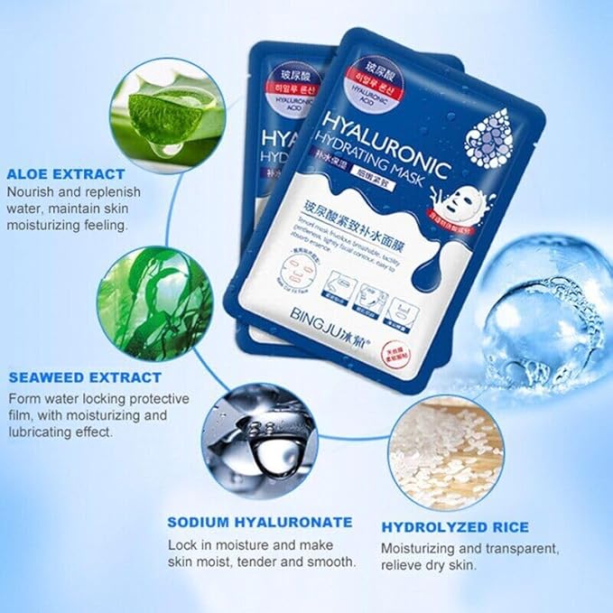 Hyaluronic Acid Face Mask ā 10 Masks with Aloe & Seaweed Extracts, Face Mask for Anti-Aging, Soothing & Deep Moisturization, Korean Skin Care, For All Skin Types (25g)