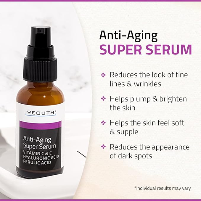 YEOUTH Anti Aging Serum for Face with Hyaluronic Acid, Ferulic Acid, Vitamin C and E, Hydrating Face Serum for Women and Men Targets Dull and Dry Skin 1oz