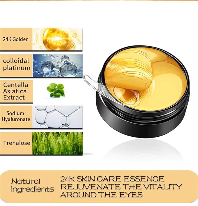 24K Gold Under Eye Treatment Mask, Dark Circle and Anti-Wrinkle, Hydrating eye mask, Puffiness & Eye Care, Collagen,Hyaluronic Acid & Castor Oil, 60 Pieces (Black 24K)