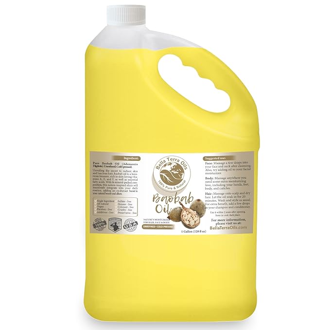 Bella Terra Oils Pure Baobab Oil – 1gallon, Ancient African Beauty Elixir for Hair & Skin, Radiance, Hydration