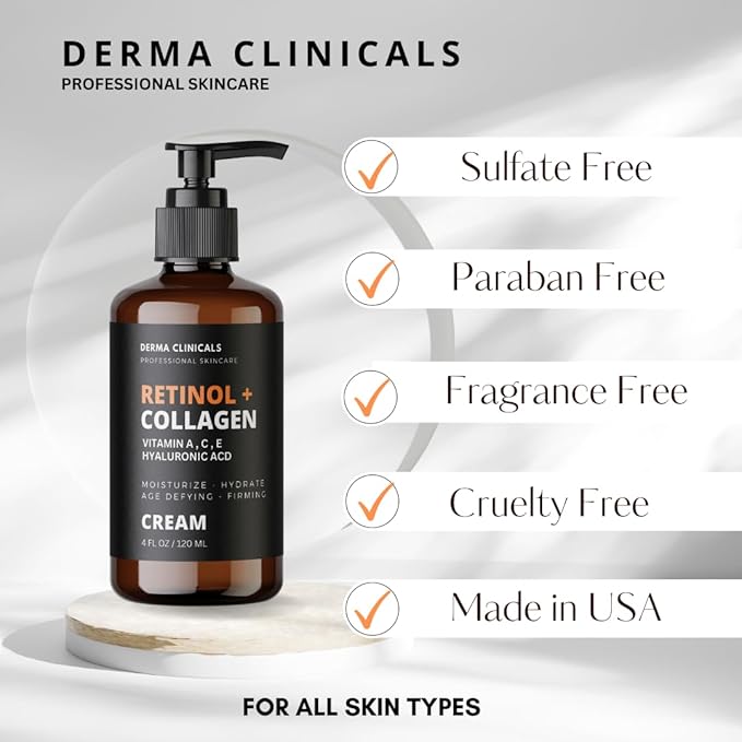 Retinol + Collagen, Hyaluronic Acid, Vitamin C Anti-Aging Face Cream, Day and Night Moisturizing Cream, Anti-Wrinkle Cream for Face, Firming Cream - 4oz