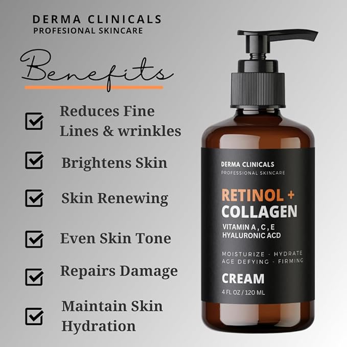 Retinol + Collagen, Hyaluronic Acid, Vitamin C Anti-Aging Face Cream, Day and Night Moisturizing Cream, Anti-Wrinkle Cream for Face, Firming Cream - 4oz
