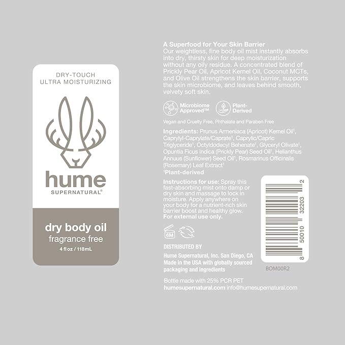 HUME SUPERNATURAL Dry Body Oil Spray - Moisturizing Oil for Dry Skin, After Shower Body Oils for Women and Men, Oil Body Spray, Nourishing, Hydration, Glow, Probiotic, Fragrance Free, 1 Pack