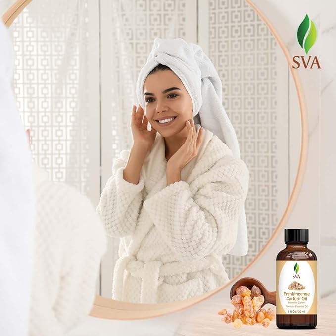 SVA Frankincense Essential Oil – 1 Fl Oz – 100% Natural Boswellia Carterii Oil - for Diffuser, Hair Care, Face, Skin Care, Aromatherapy, Scalp and Body Massage, Soap and Candle Making – with Dropper